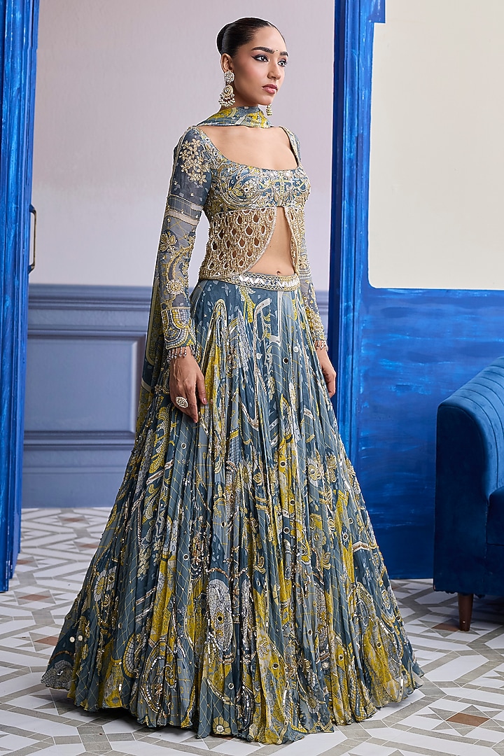 Grey Crepe & Net Mosaic Printed Wedding Lehenga Set by DiyaRajvvir at Pernia's Pop Up Shop