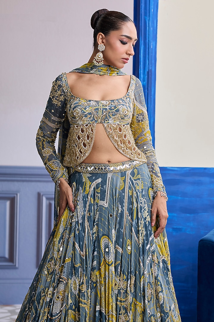 Grey Crepe & Net Mosaic Printed Wedding Lehenga Set by DiyaRajvvir at Pernia's Pop Up Shop