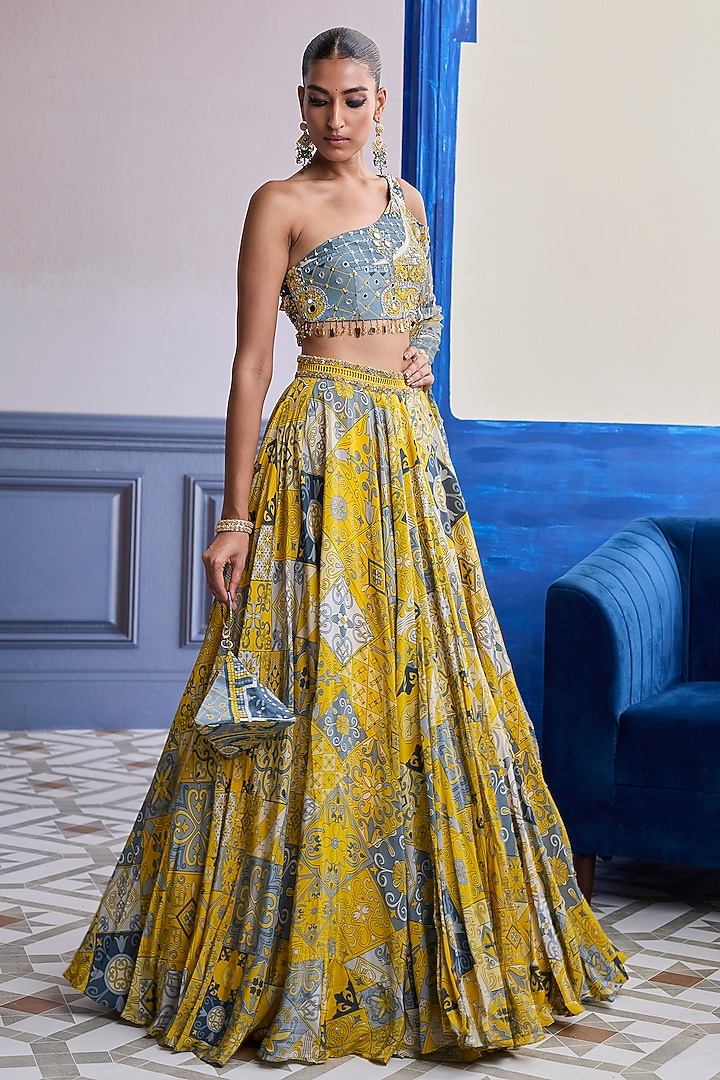 Yellow Georgette Mosaic Printed Wedding Lehenga Set by DiyaRajvvir at Pernia's Pop Up Shop