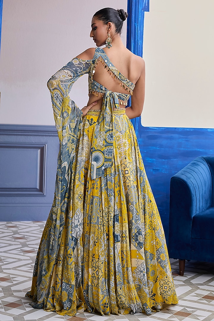 Yellow Georgette Mosaic Printed Wedding Lehenga Set by DiyaRajvvir at Pernia's Pop Up Shop