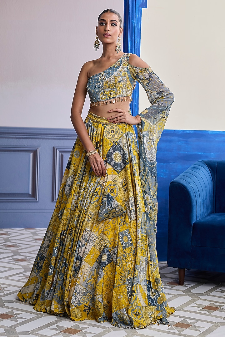 Yellow Georgette Mosaic Printed Wedding Lehenga Set by DiyaRajvvir at Pernia's Pop Up Shop