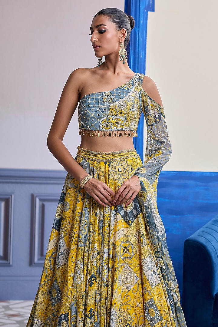 Yellow Georgette Mosaic Printed Wedding Lehenga Set by DiyaRajvvir at Pernia's Pop Up Shop
