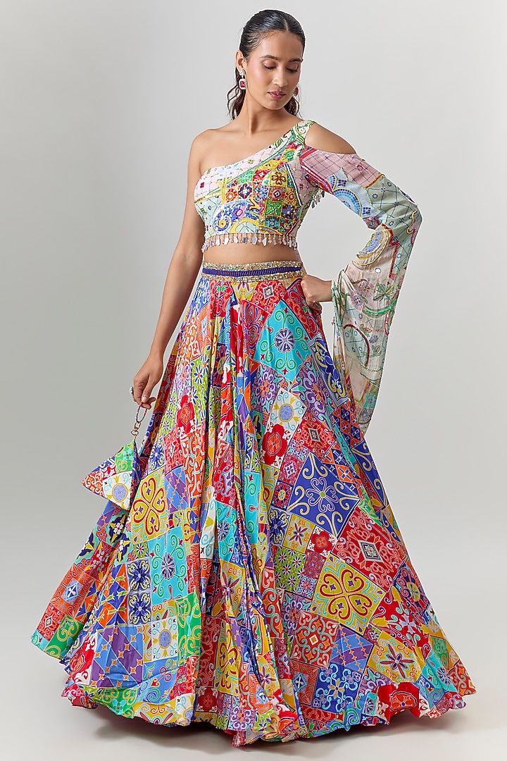 Multi-Colored Crepe Mosaic Printed Wedding Lehenga Set by DiyaRajvvir at Pernia's Pop Up Shop