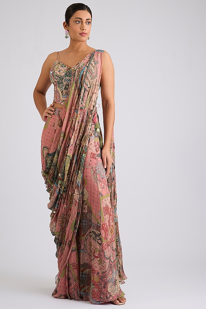 Onion Pink Georgette Printed Draped Sharara Wedding Saree Set by DiyaRajvvir at Pernia's Pop Up Shop