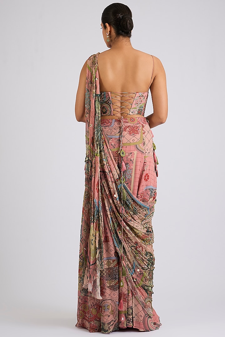 Onion Pink Georgette Printed Draped Sharara Wedding Saree Set by DiyaRajvvir at Pernia's Pop Up Shop