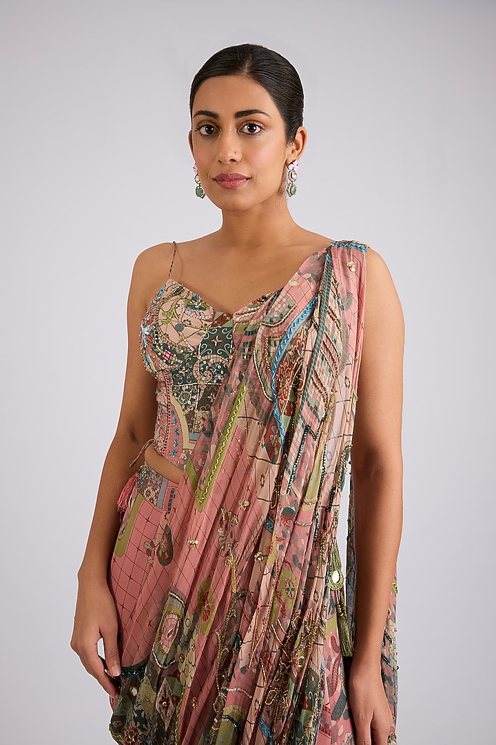 Onion Pink Georgette Printed Draped Sharara Wedding Saree Set by DiyaRajvvir at Pernia's Pop Up Shop