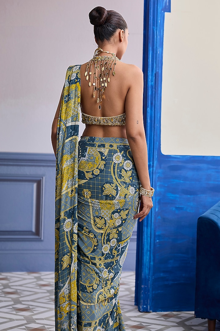 Grey Crepe Printed Draped Dhoti Skirt Wedding Saree Set by DiyaRajvvir at Pernia's Pop Up Shop