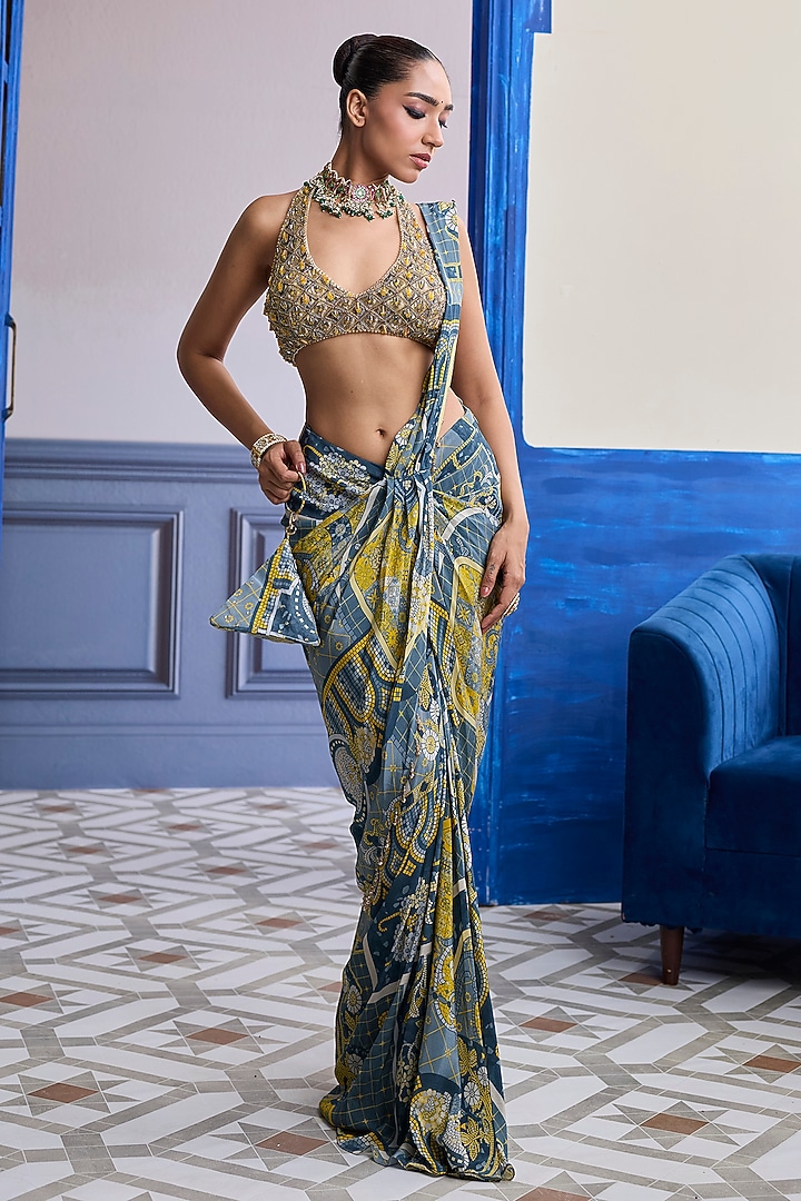 Grey Crepe Printed Draped Dhoti Skirt Wedding Saree Set by DiyaRajvvir at Pernia's Pop Up Shop