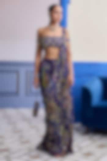 Violet Crepe Mosaic Printed Draped Skirt Wedding Saree Set by DiyaRajvvir at Pernia's Pop Up Shop