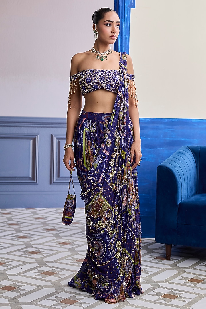 Violet Crepe Mosaic Printed Draped Skirt Wedding Saree Set by DiyaRajvvir at Pernia's Pop Up Shop