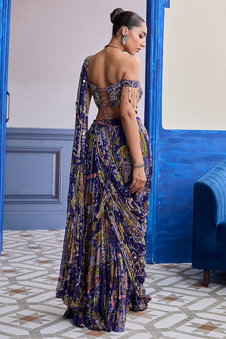 Violet Crepe Mosaic Printed Draped Skirt Wedding Saree Set by DiyaRajvvir at Pernia's Pop Up Shop