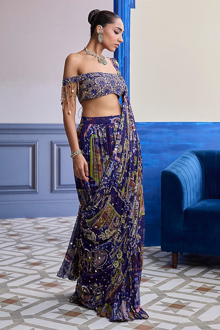 Violet Crepe Mosaic Printed Draped Skirt Wedding Saree Set by DiyaRajvvir at Pernia's Pop Up Shop