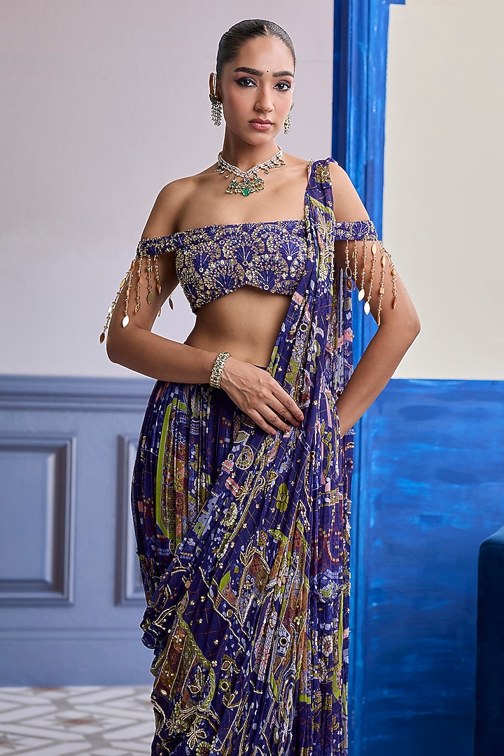 Violet Crepe Mosaic Printed Draped Skirt Wedding Saree Set by DiyaRajvvir at Pernia's Pop Up Shop