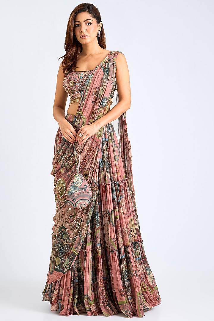 Onion Pink Crepe & Georgette Printed Draped Skirt Wedding Saree Set by DiyaRajvvir at Pernia's Pop Up Shop