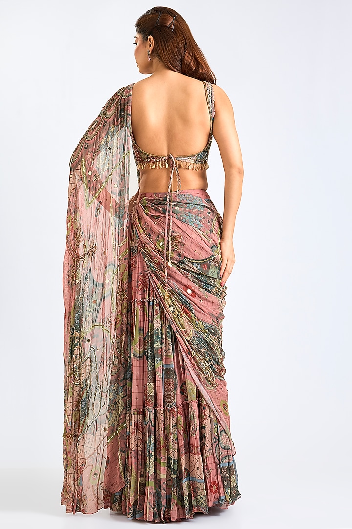 Onion Pink Crepe & Georgette Printed Draped Skirt Wedding Saree Set by DiyaRajvvir at Pernia's Pop Up Shop