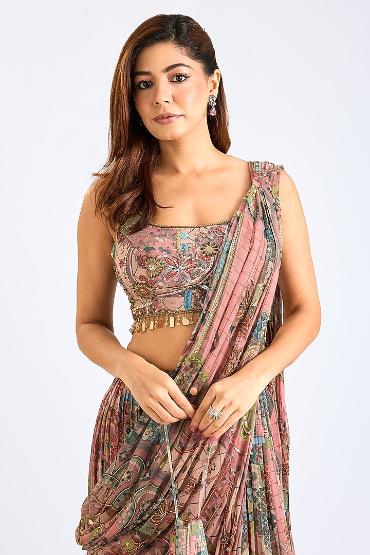 Onion Pink Crepe & Georgette Printed Draped Skirt Wedding Saree Set by DiyaRajvvir at Pernia's Pop Up Shop