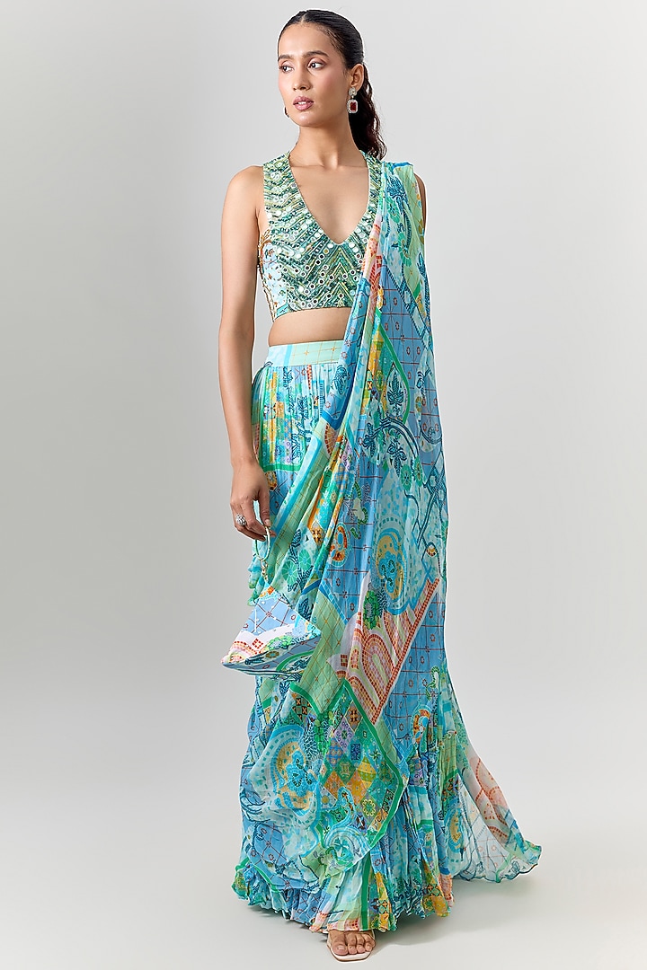 Aqua Blue Crepe Mosaic Printed Tiered Skirt Wedding Saree Set by DiyaRajvvir at Pernia's Pop Up Shop