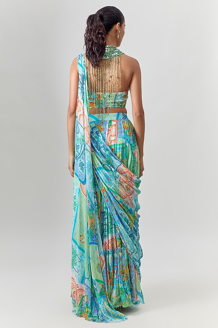 Aqua Blue Crepe Mosaic Printed Tiered Skirt Wedding Saree Set by DiyaRajvvir at Pernia's Pop Up Shop