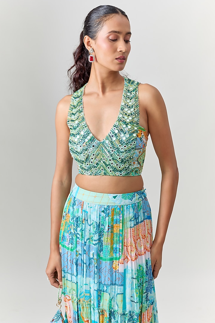 Aqua Blue Crepe Mosaic Printed Tiered Skirt Wedding Saree Set by DiyaRajvvir at Pernia's Pop Up Shop