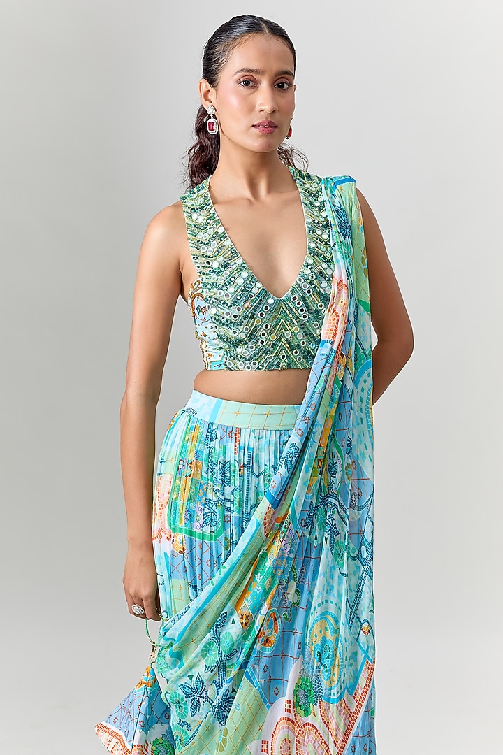 Aqua Blue Crepe Mosaic Printed Tiered Skirt Wedding Saree Set by DiyaRajvvir at Pernia's Pop Up Shop
