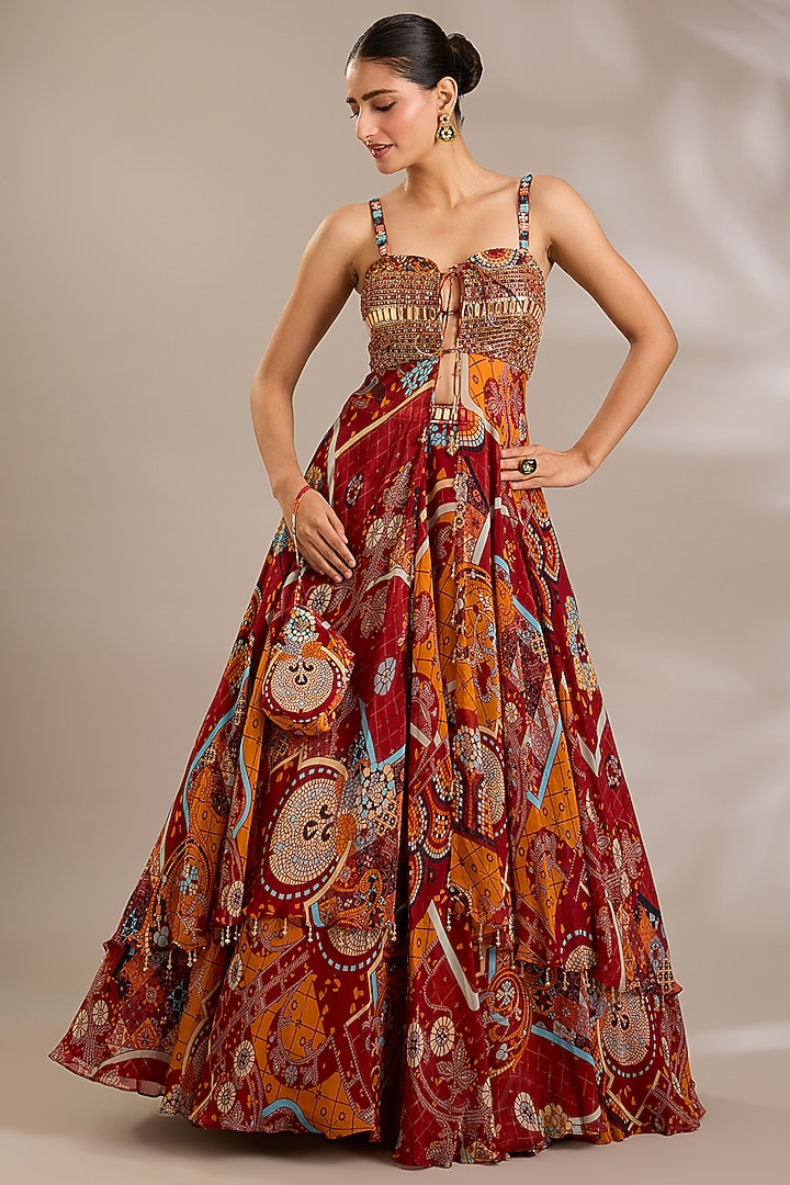 Rust Tulle Mosaic Printed Wedding Lehenga Set by DiyaRajvvir at Pernia's Pop Up Shop