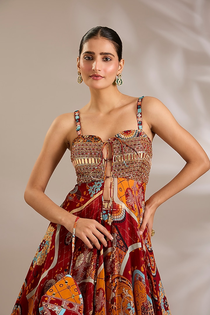 Rust Tulle Mosaic Printed Wedding Lehenga Set by DiyaRajvvir at Pernia's Pop Up Shop