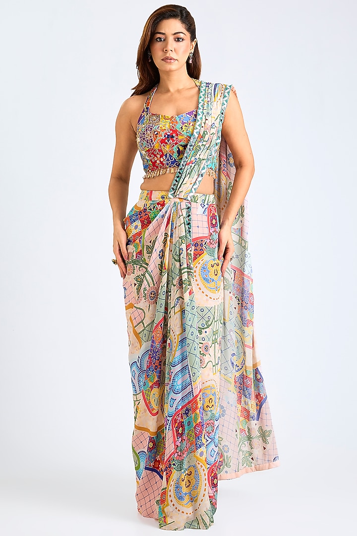 Blush Pink Crepe Printed Wedding Saree Set by DiyaRajvvir at Pernia's Pop Up Shop
