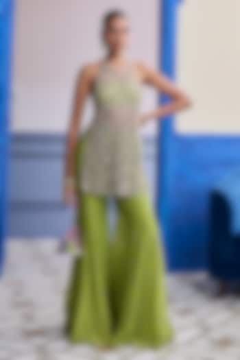 Neon Green Crepe Bell-Bottom Pant Set by Diyarajvvir at Pernia's Pop Up Shop