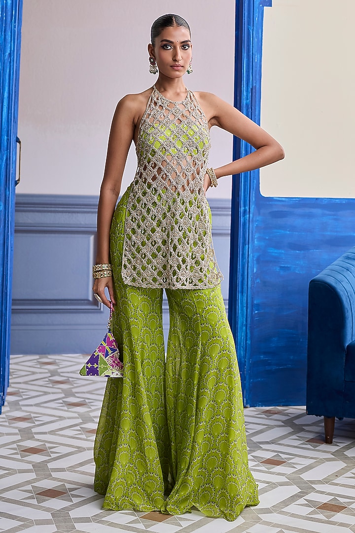 Neon Green Crepe Bell-Bottom Pant Set by Diyarajvvir at Pernia's Pop Up Shop