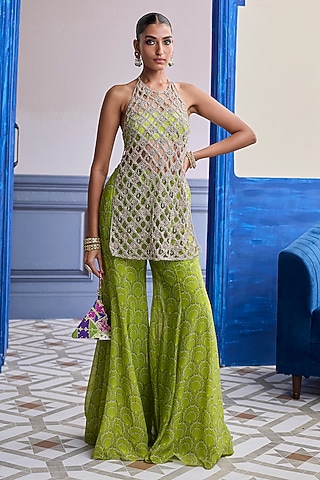 Neon Green Crepe Bell-Bottom Pant Set by Diyarajvvir