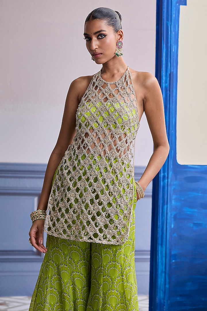 Neon Green Crepe Bell-Bottom Pant Set by DiyaRajvvir at Pernia's Pop Up Shop