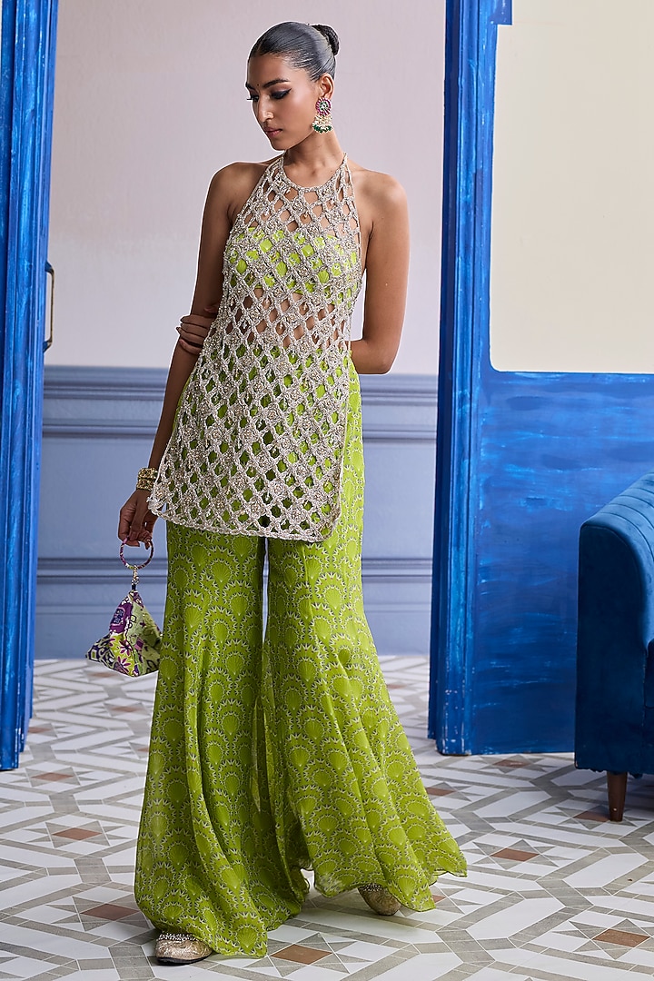 Neon Green Crepe Bell-Bottom Pant Set by DiyaRajvvir at Pernia's Pop Up Shop