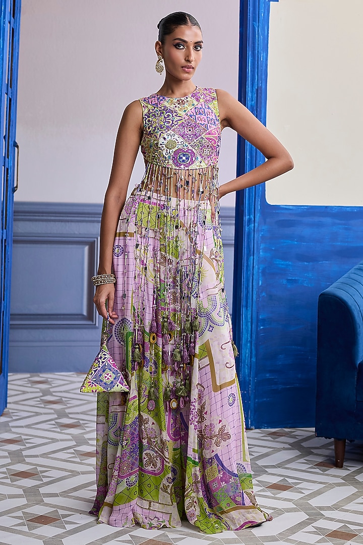 Bubblegum Purple Crepe Mosaic Printed Wedding Sharara Set by DiyaRajvvir at Pernia's Pop Up Shop