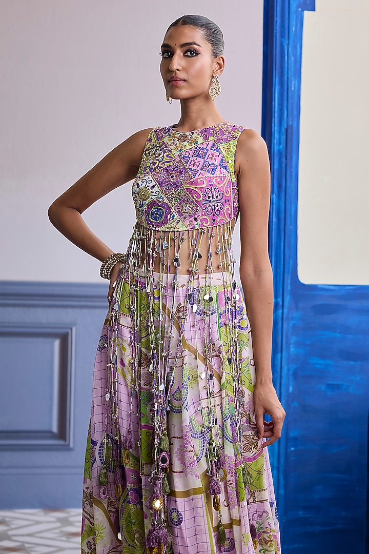 Bubblegum Purple Crepe Mosaic Printed Wedding Sharara Set by DiyaRajvvir at Pernia's Pop Up Shop