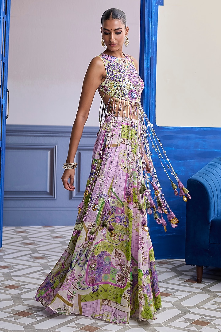 Bubblegum Purple Crepe Mosaic Printed Wedding Sharara Set by DiyaRajvvir at Pernia's Pop Up Shop