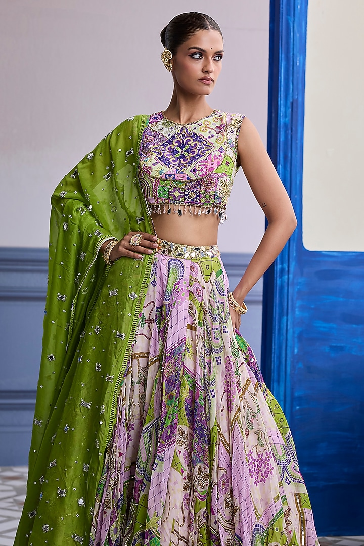 Bubblegum Purple Organza Mosaic Printed Wedding Lehenga Set by Diyarajvvir at Pernia's Pop Up Shop