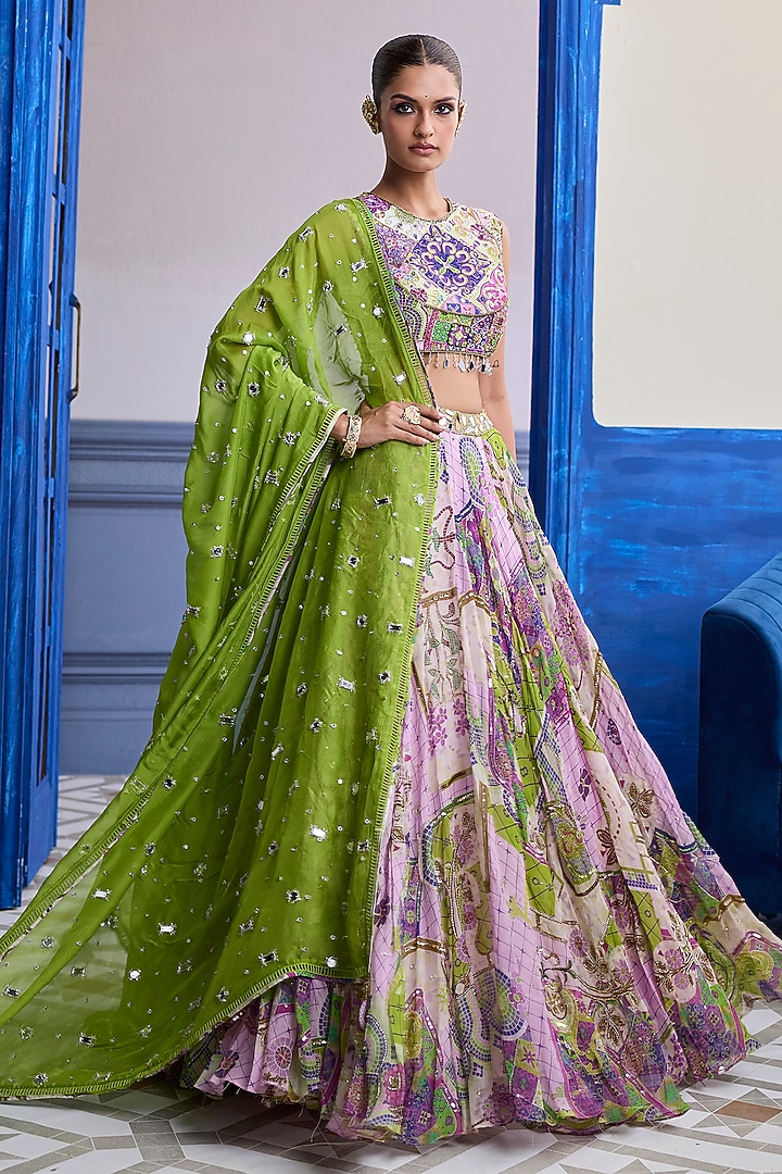Bubblegum Purple Organza Mosaic Printed Wedding Lehenga Set by Diyarajvvir at Pernia's Pop Up Shop