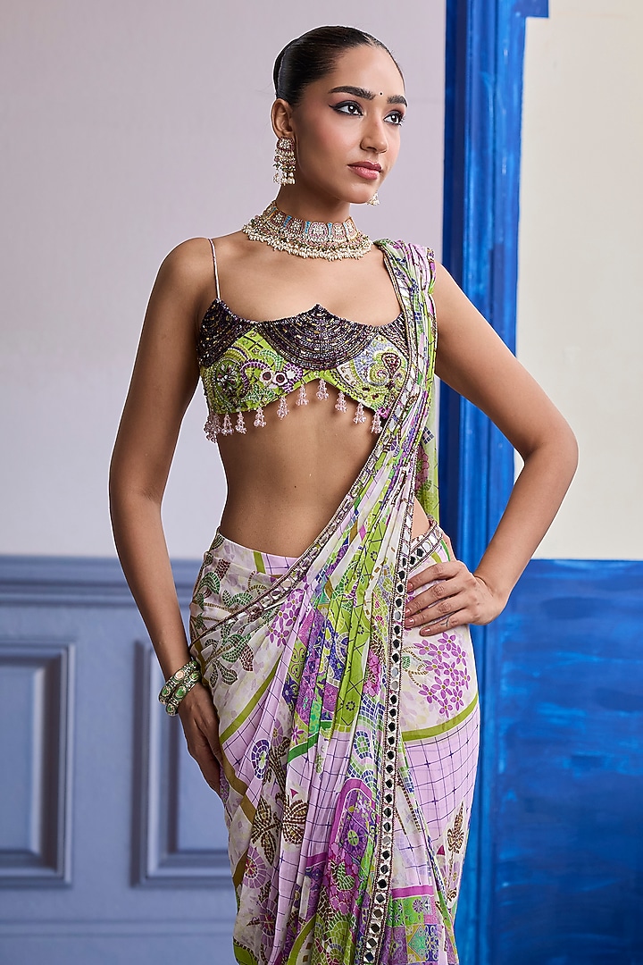 Bubblegum Purple Crepe Mosaic Printed Draped Skirt Wedding Saree Set by DiyaRajvvir at Pernia's Pop Up Shop