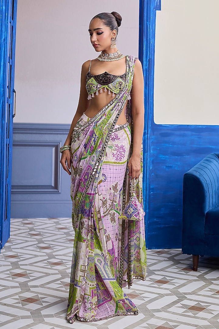 Bubblegum Purple Crepe Mosaic Printed Draped Skirt Wedding Saree Set by DiyaRajvvir at Pernia's Pop Up Shop