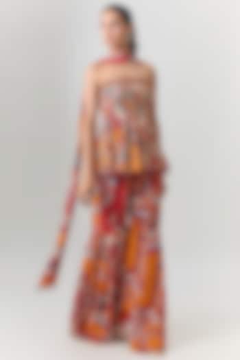 Rust Crepe Mosaic Printed Box-Pleated Pant Set by DiyaRajvvir at Pernia's Pop Up Shop