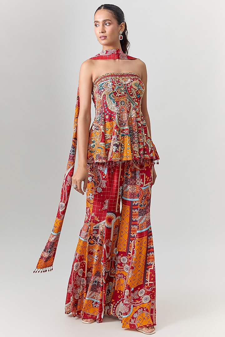 Rust Crepe Mosaic Printed Box-Pleated Pant Set by DiyaRajvvir at Pernia's Pop Up Shop
