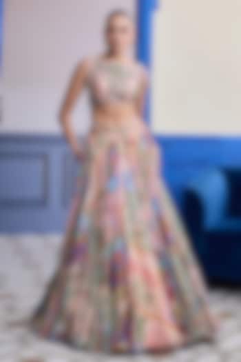 Blush Pink Organza Mosaic Printed Skirt Set by Diyarajvvir at Pernia's Pop Up Shop