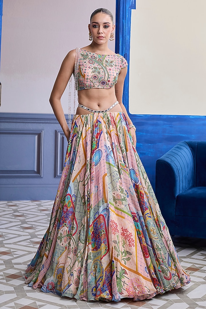 Blush Pink Organza Mosaic Printed Skirt Set by Diyarajvvir at Pernia's Pop Up Shop