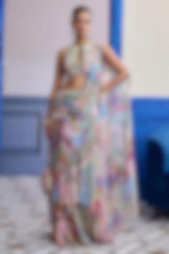 Blush Pink Georgette Mosaic Printed Draped Cowl Skirt Wedding Saree Set by Diyarajvvir at Pernia's Pop Up Shop
