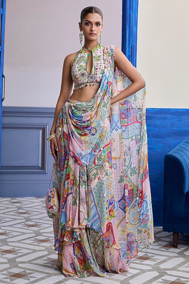 Blush Pink Georgette Mosaic Printed Draped Cowl Skirt Wedding Saree Set by Diyarajvvir at Pernia's Pop Up Shop