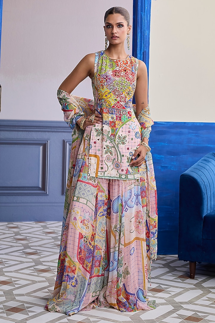 Blush Pink Crepe & Georgette Mosaic Printed Flared Wedding Sharara Set by Diyarajvvir at Pernia's Pop Up Shop