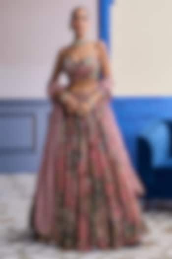 Dusky Pink Crepe & Net Printed Wedding Lehenga Set by DiyaRajvvir at Pernia's Pop Up Shop