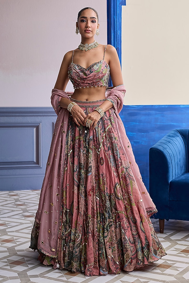 Dusky Pink Crepe & Net Printed Wedding Lehenga Set by DiyaRajvvir at Pernia's Pop Up Shop