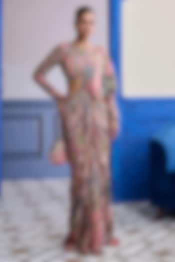 Dusky Pink Crepe Floral Printed Dhoti Wedding Saree Set by DiyaRajvvir at Pernia's Pop Up Shop