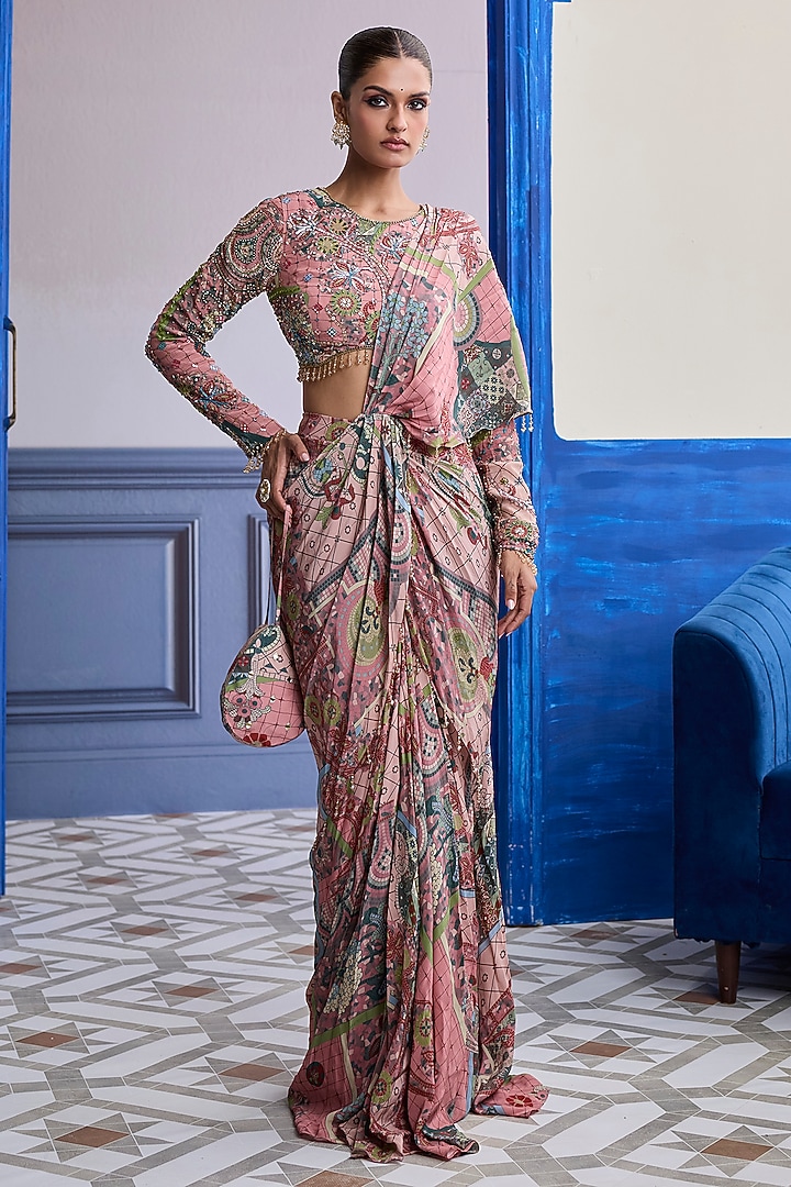 Dusky Pink Crepe Floral Printed Dhoti Wedding Saree Set by DiyaRajvvir at Pernia's Pop Up Shop